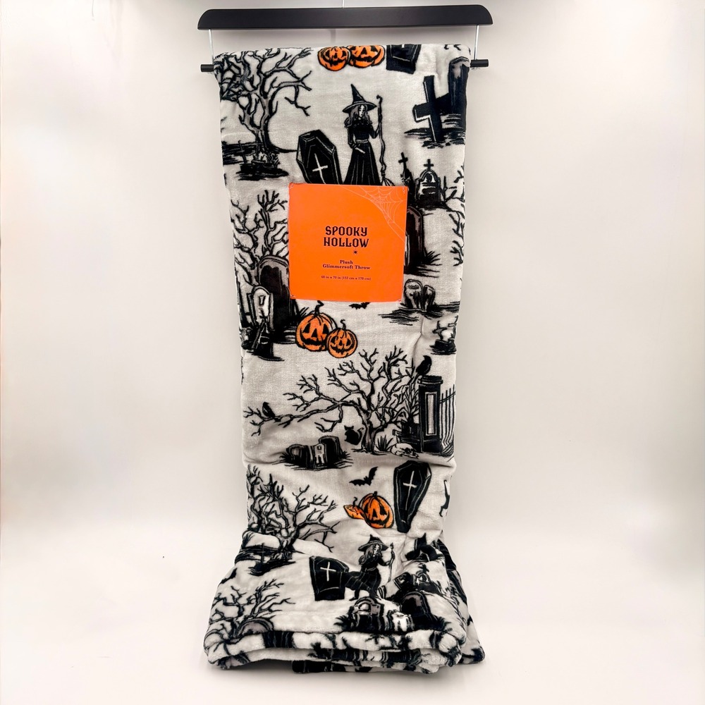 Spooky Hollow Halloween Plush Glimmersoft Throw Blanket Witch Graveyard 60x70
